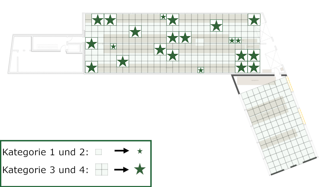 Grundriss des neuen Vereinsgebäudes, welcher nach und nach mit Sternen bestückt wird.